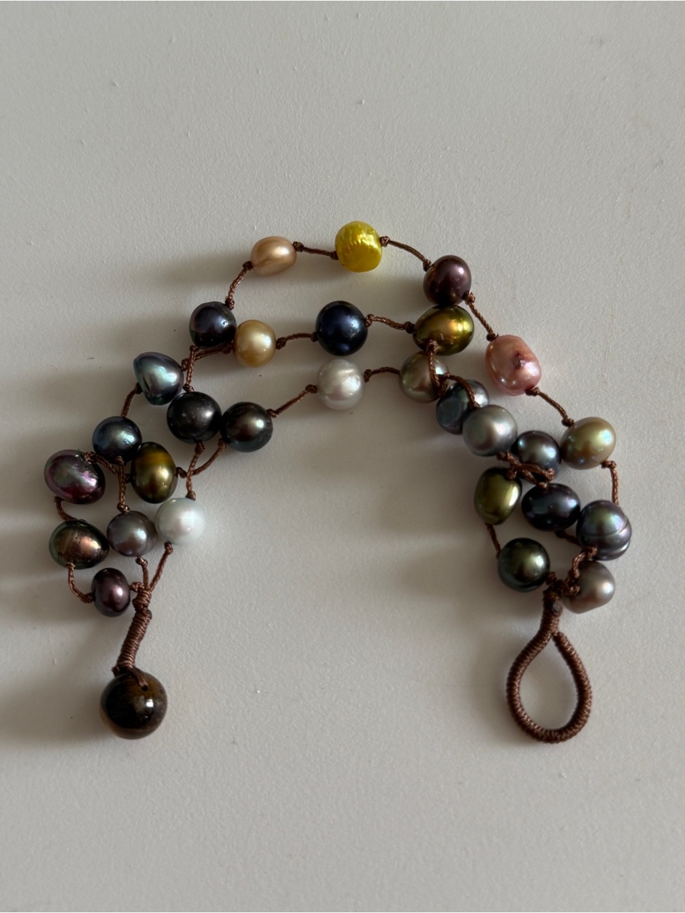 multicolor freshwater pearl bracelet handmade with brown silk cord